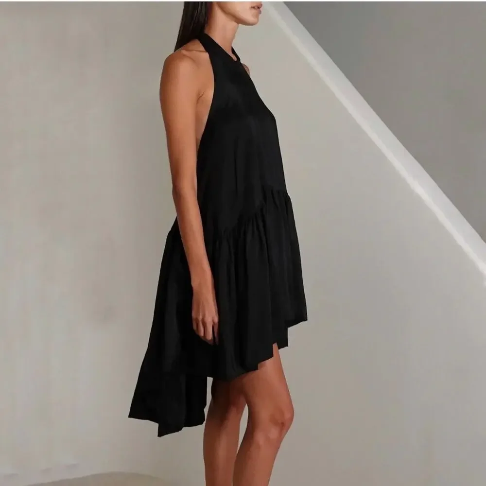 AZEEZA Winston Raw Silk Mini Dress Black High Low Halter Cocktail Party Size S